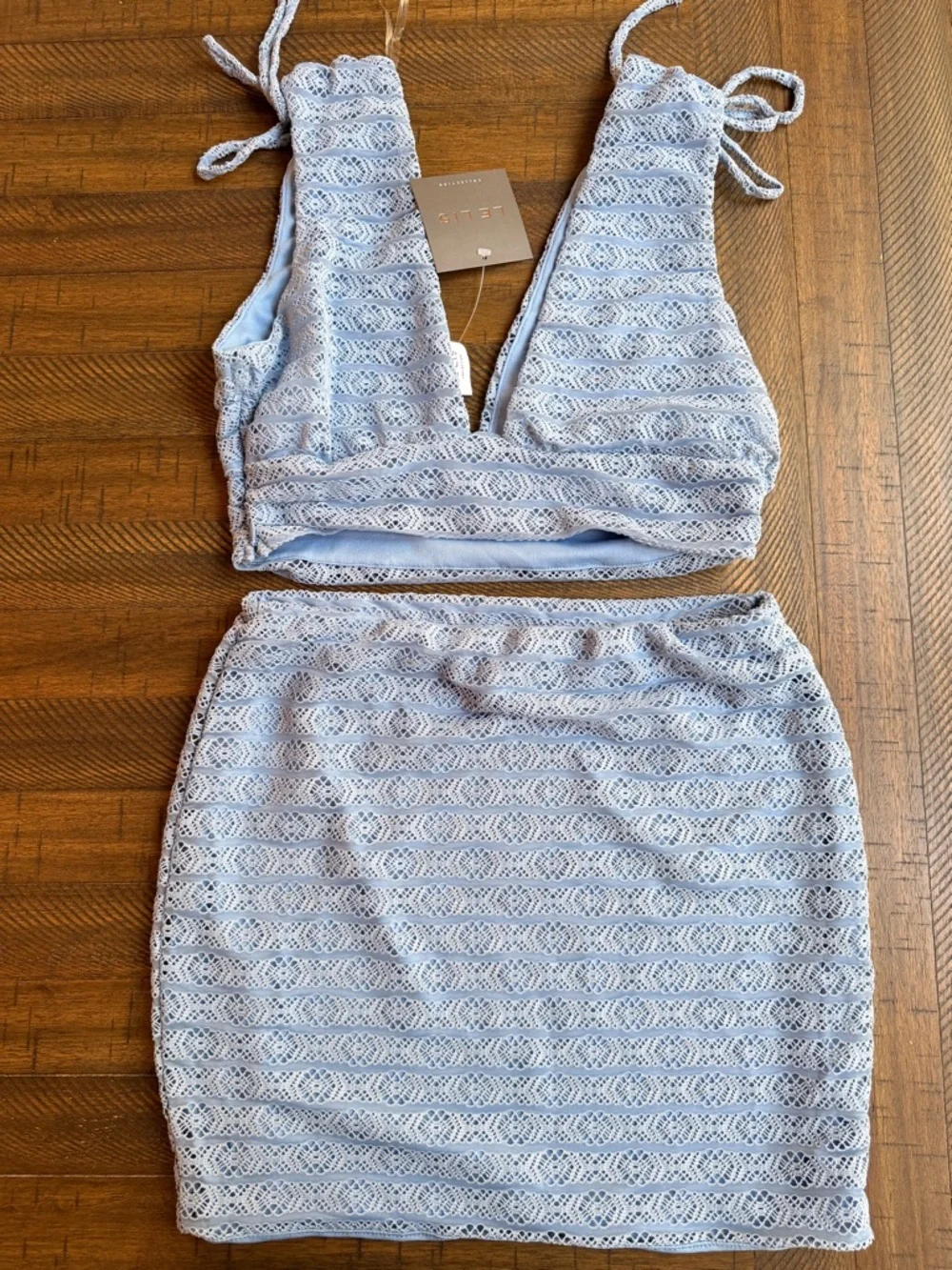 NWT Le Lis Baby Blue Lace Two Piece Set Tie Strap Crop Top Skirt Coquette Size M